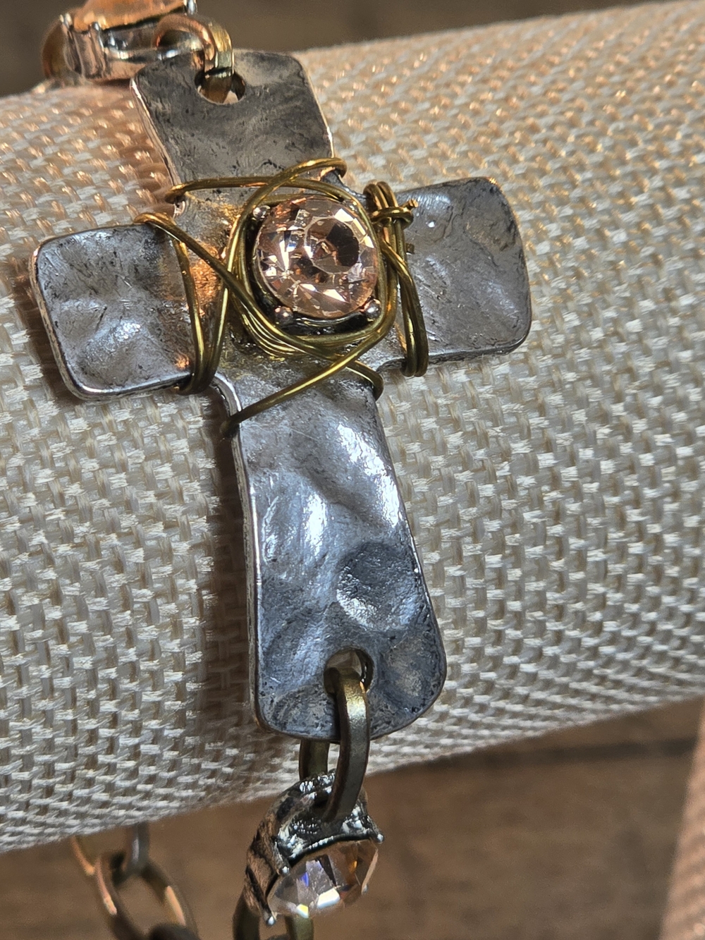 Hammered Cross Bracelet with Pink Crystal Accent